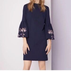 LOFT Navy Blue Dress with Floral Embroidery